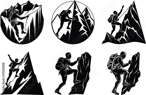 Mountain Climbing Illustrations A Set of Six Bold Black and White Designs