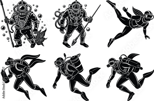 Vintage Diving Suits and Underwater Explorers A Collection of Silhouettes