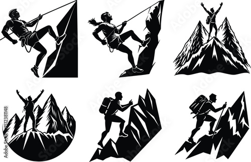 Mountain Climbing Silhouettes Adventure, Peaks, and Extreme Sports Illustrations