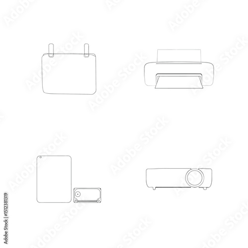 Line art illustrated technology devices including projector tablet printer and adaptor set