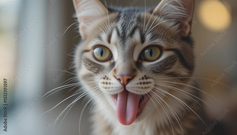 Cat's Blissful Yaw: A close-up captures the adorable moment of a domestic cat mid-yawn, revealing a pink tongue and a look of pure contentment, perfectly embodying the feeling of cozy comfort. Cat's Blissful Yaw: A close-up captures the adorable moment of a domestic cat mid-yawn, revealing a pink tongue and a look of pure contentment, perfectly embodying the feeling of cozy comfort.