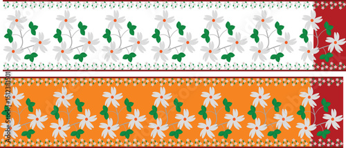 saree design with parijat flower, beautiful saree design illustration, white saree with red border
