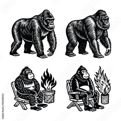 Majestic Gorillas Vintage Woodcut Style Illustrations