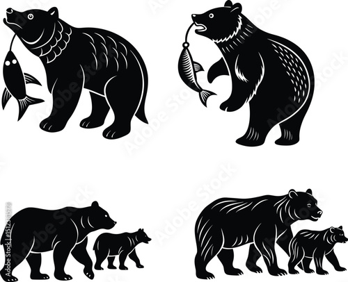 Elegant Bear Silhouettes Family & Fishing Designs