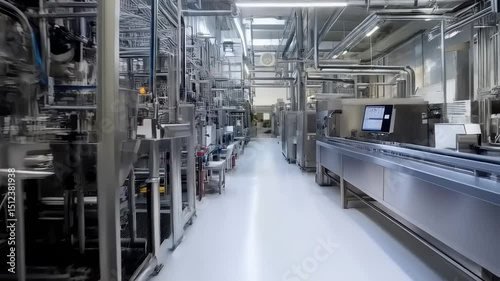 High-Tech Industrial Processing Plant Interior with Modern Stainless Steel Equipment