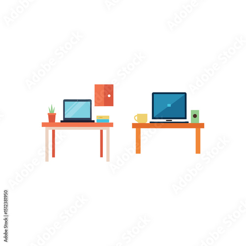 Vector art of Two desks with computers and accessories isolated on white background