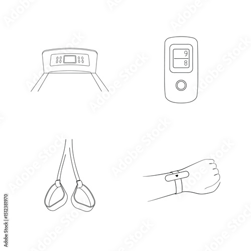 Minimalist black line art illustrations of medical equipment and health monitoring devices