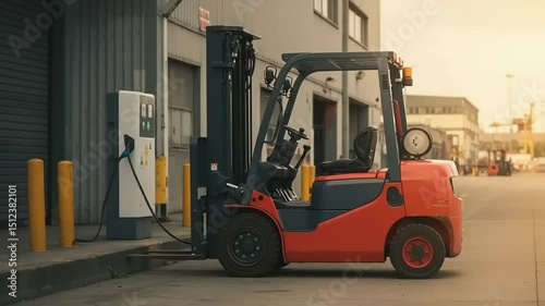Forklift charging at industrial loading dock with sunset in background, showcasing operational efficiency