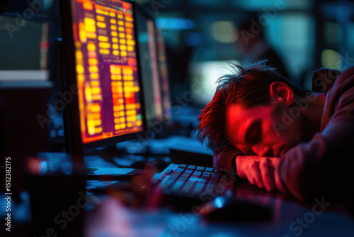 Exhausted worker asleep slumped over keyboard