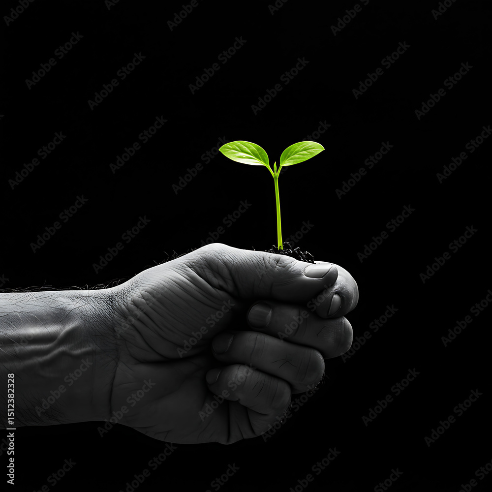 The Symbolic Hand Holding A Young Plant in the Dark The Symbolic Hand Holding A Young Plant in the Dark