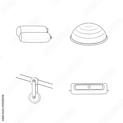 Outline illustrations of various exercise and rehabilitation equipment for health and fitness concepts