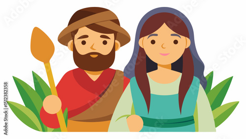 Cartoon couple standing amidst green leafy plants  vector, silhouette, illustration, horizontal, isolated assets, color
