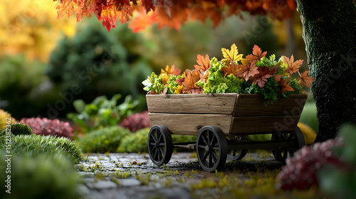 Rustic Wooden Cart Filled With Autumn Leaves In Garden