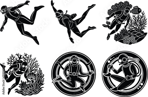 Underwater Diving Silhouettes A Collection of Scuba Diving Illustrations