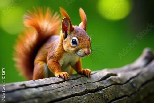 Rufous squirrel clings to weathered log's edge, red squirrel, woodland