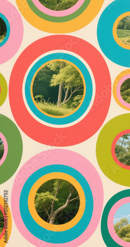 Abstract Art Wall: The image showcases an abstract art wall with multiple circular openings revealing a vibrant tree. the color palette of green and orange. 