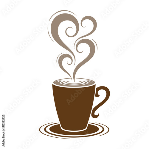 Coffee mug with creamy heart-shaped steam for romantic café poster, love drink vector, Valentine’s Day and morning coffee celebration