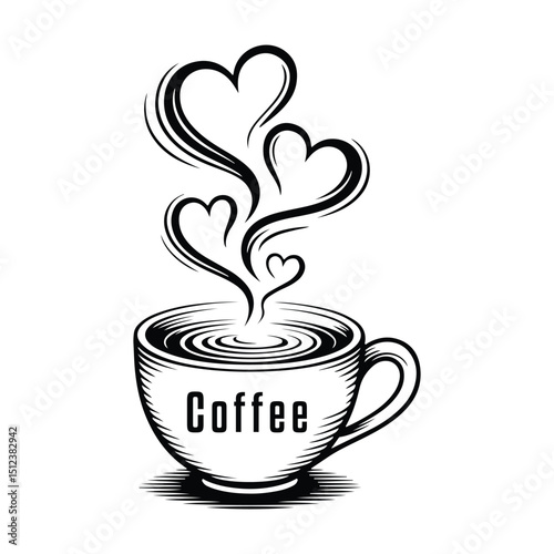 Heart steam rising from coffee cup design, romantic beverage vector for Valentine's Day, cozy mornings, love drink, and café posters