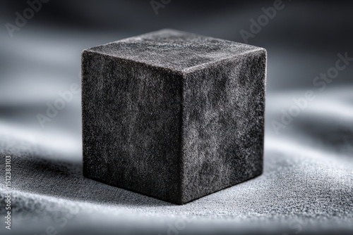 Metal cube covered in velvet with sharp edges sitting on soft fabric background