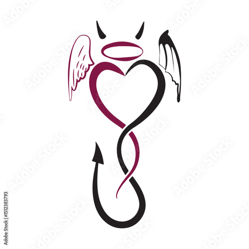 Heart silhouette with angel and devil wings representing love and conflict, romantic duality, heaven and hell concept vector design