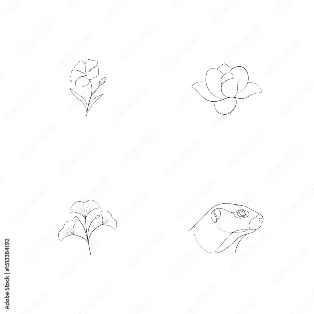 Obraz premium Delicate line art illustrations featuring various flowers a ginkgo branch and a groundhog