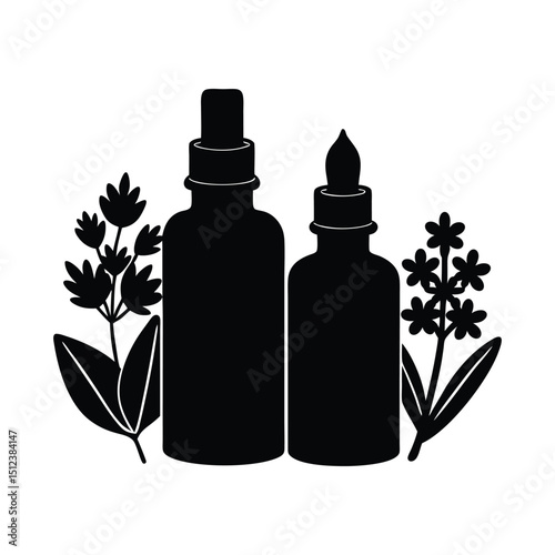 Silhouette of essential oil bottles with herbs and flowers on white background