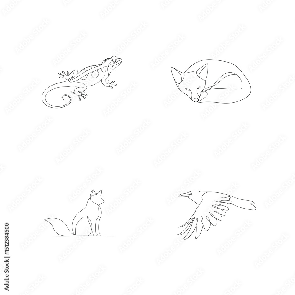 Fototapeta premium Delicate line art illustrations of various animals including a fox lizard and a raven