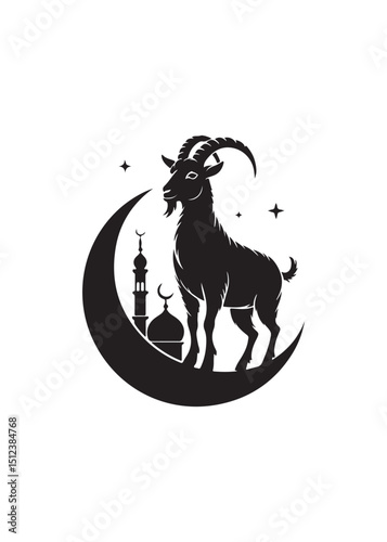 Goat in Crescent Moon – Mystical Fantasy Vector Illustration for Spiritual and Astrological Designs