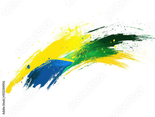 Brazilian Flag Strokes: Dynamic brushstrokes of vibrant yellow, green, and blue intertwine, embodying the spirited essence of the Brazilian flag in a modern, abstract form.