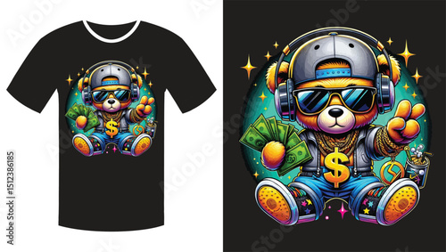 Streetwise Teddy: A Vibrant Cartoon Illustration of a Hip-Hop Bear T Shirtr