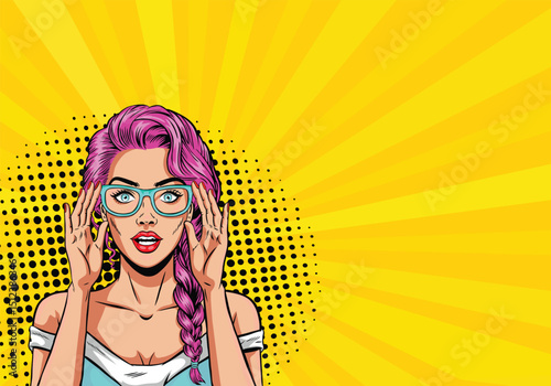 Beautiful surprised woman with purple hair in sunglasses. Vector colorful background in retro comic pop art style.