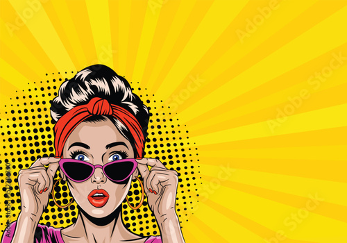 Beautiful surprised woman in sunglasses. Vector colorful background in retro comic pop art style.