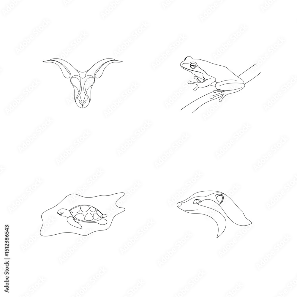 Naklejka premium Elegant minimalist line art illustrations of a skull frog turtle and badger on white background