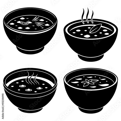 Four bowls of soup with different toppings in black and white vector illustration style image here