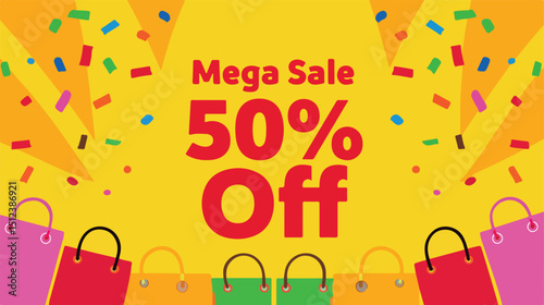 Mega Sale Banner: 50% Off with Colorful Shopping Bags and Confetti
