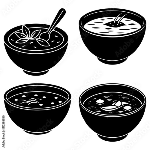 Four bowls of soup with different ingredients and toppings in a black and white vector illustration