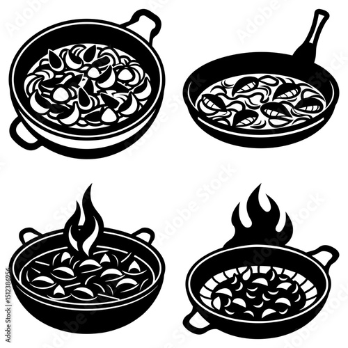 Four black and white illustrations of food being cooked in different types of pans and pots