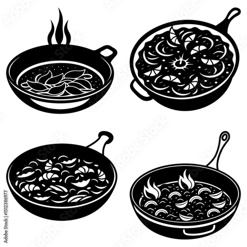 Four skillets with food preparation in black and white vector illustration for culinary designs and menus