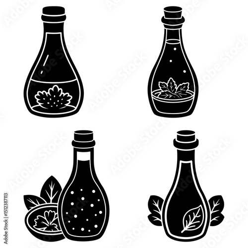 Four bottles filled with different ingredients and flavors in a black and white vector illustration