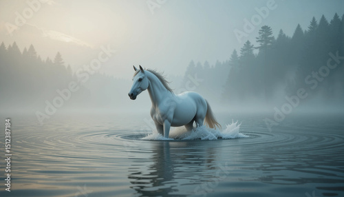 Mystical Horse in the Misty Lake: A majestic white horse, bathed in the ethereal glow of dawn, gracefully navigates the tranquil waters of a misty lake.