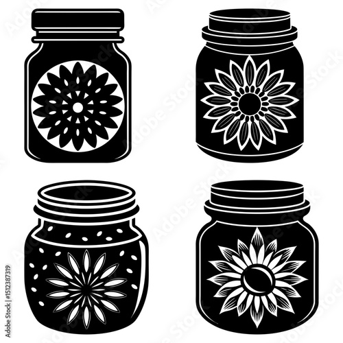 Four black and white mason jars each decorated with a unique floral pattern and screw top lids design