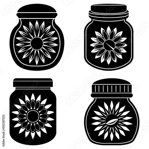 Four black jars with sunflower designs and lids in varying shapes on a white background in a vector image