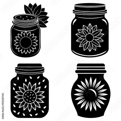 Four black jars with sunflower designs and lids in a symmetrical arrangement on a white background
