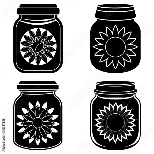 Four mason jars with sunflower designs in black and white vector illustration for decorative use or crafting