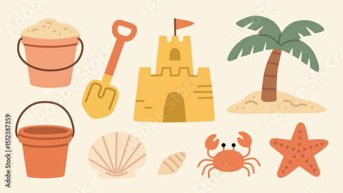 Modern and natural aesthetic illustration of summer beach sandcastle elements collection, featuring sandcastle, palm tree, crab, seashells, buckets, and shovel. Perfect for summer-themed designs.