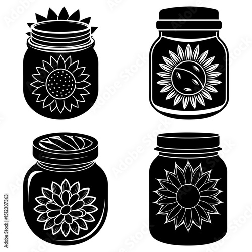 Four black and white mason jars each decorated with a different sunflower design in a simple vector art style