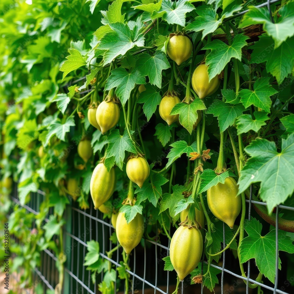 Obraz premium Bitter melon vines sprawling along a wire fence, lush green leaves and immature fruits, bittergourd, organic
