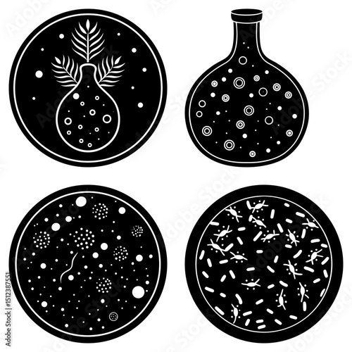 Black and white illustrations depicting laboratory flasks and petri dishes with microorganisms inside