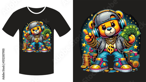Streetwise Teddy: A Vibrant Cartoon Illustration of a Hip-Hop Bear T Shirtr