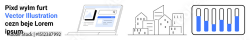 Laptop with webpage, cityscape with buildings, and data graphics in progress. Ideal for technology, business, architecture, data analysis, urban planning, web design simple landing page